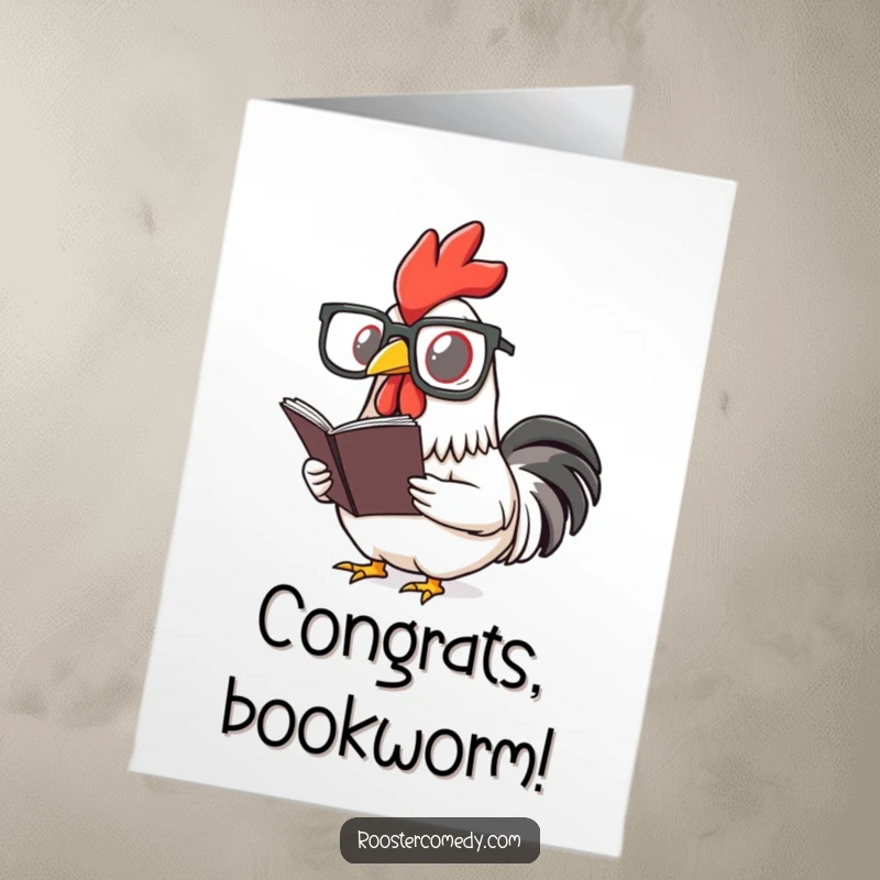 Funny Free Printable Congratulations Card: A rooster in large glasses reads intently, celebrating an achievement with intellectual flair.