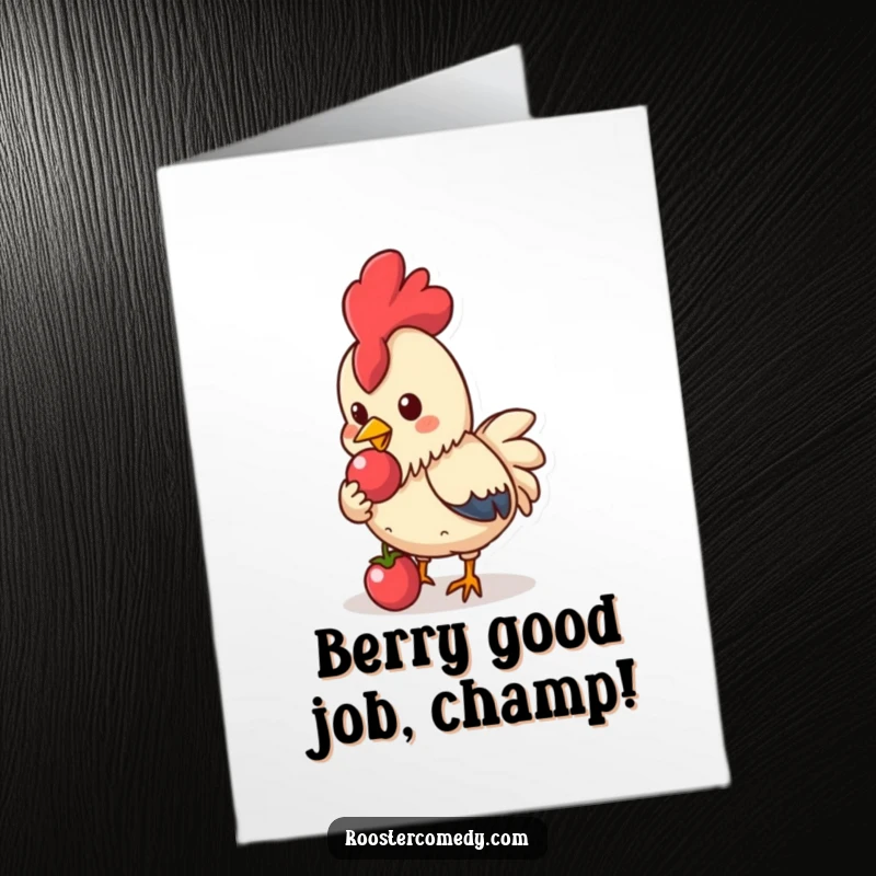 Funny Free Printable Congrats Card: Kawaii rooster enjoys a shiny berry, symbolizing a sweet success.