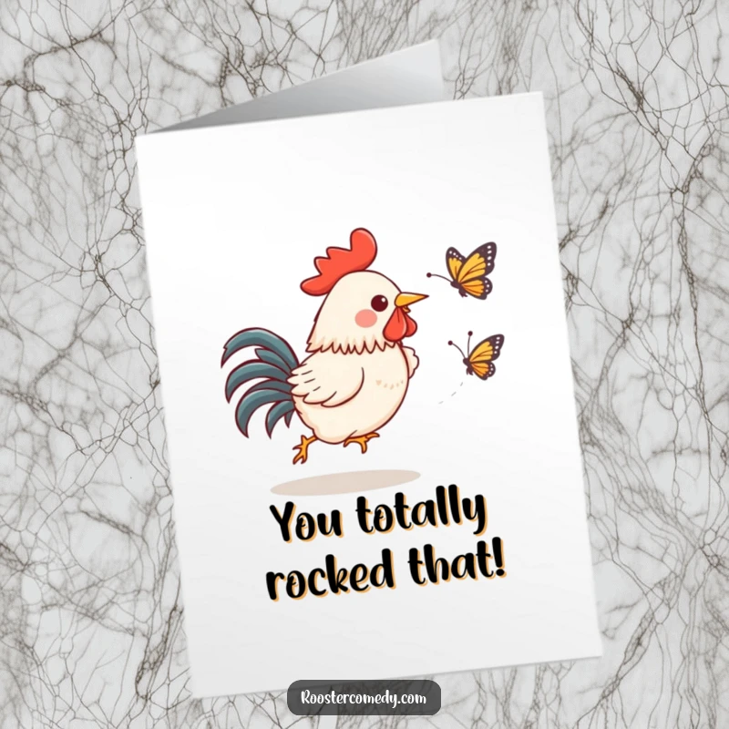 Funny Free Printable Congrats Card: Kawaii rooster celebrates your win with a gleeful, energetic butterfly chase.