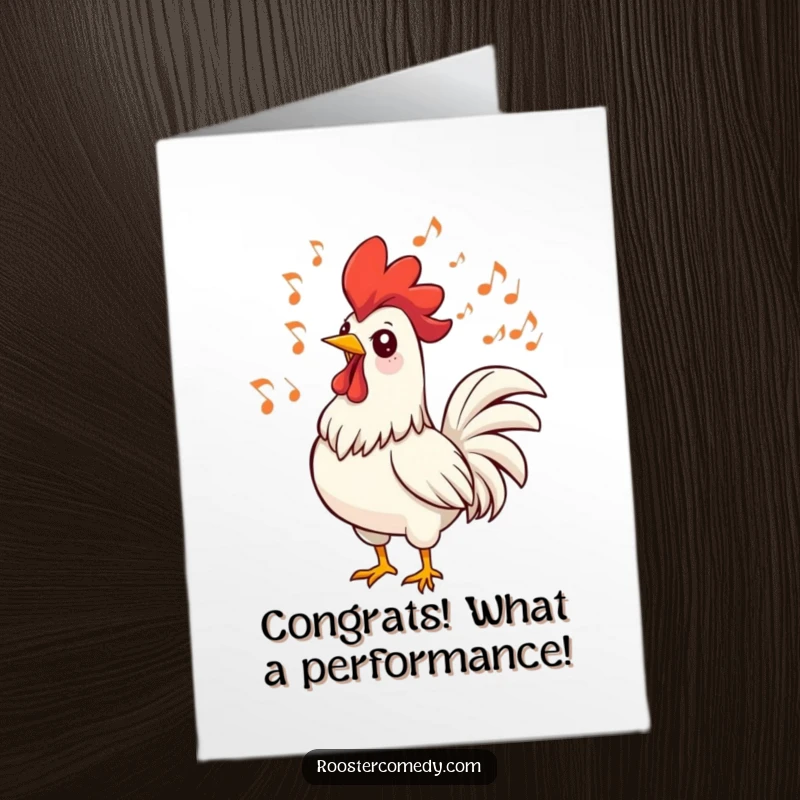Funny Free Printable Congratulations Card: A rooster belts out a tune surrounded by music notes, celebrating a wonderful occasion.