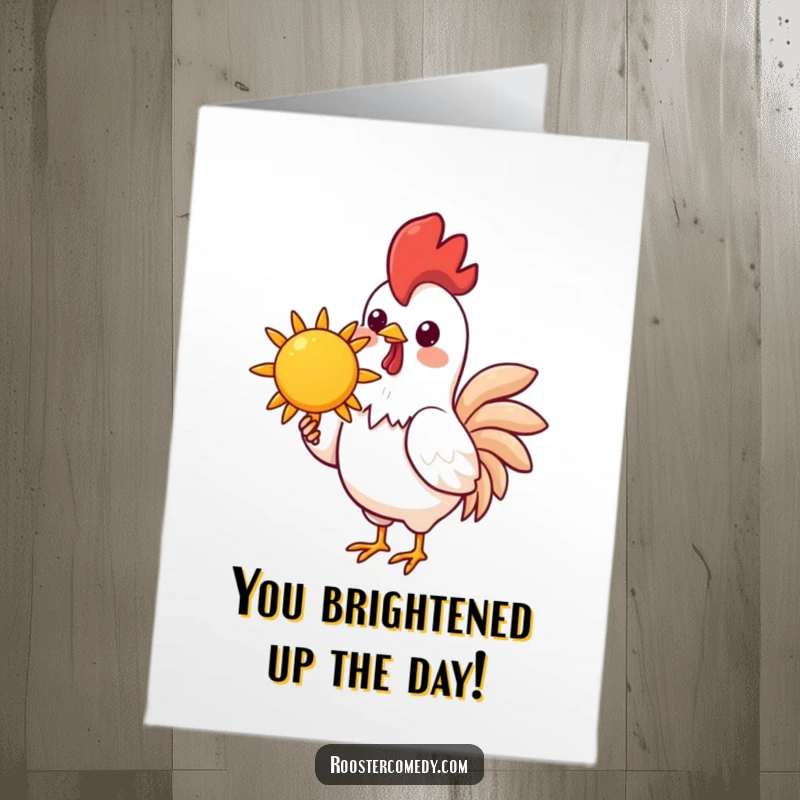 Funny Free Printable Congrats Card: Cheerful kawaii rooster presenting a bright sun in its beak, a symbol of downloadable celebration.