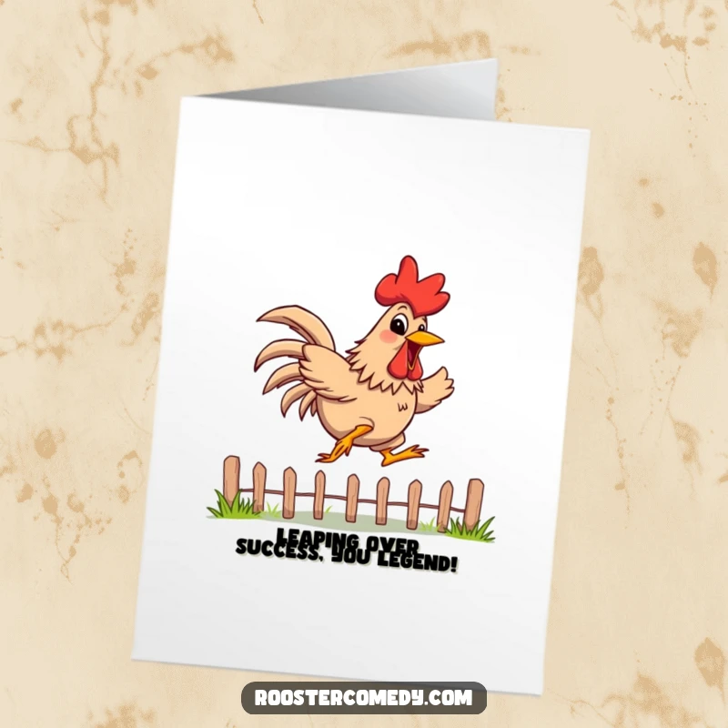Funny Free Printable Congratulations Card: A rooster with a wide, energetic grin is jumping over a low fence.