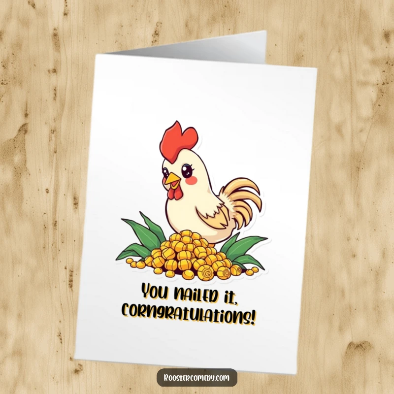 Funny Free Printable Congratulations Card: A small rooster with bright, sparkling eyes energetically pecks corn.