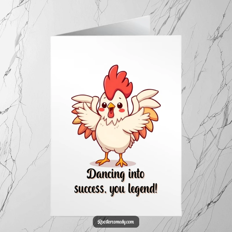 Funny Free Printable Congratulations Card: A cute, kawaii rooster performs a flamboyant dance with outstretched wings.