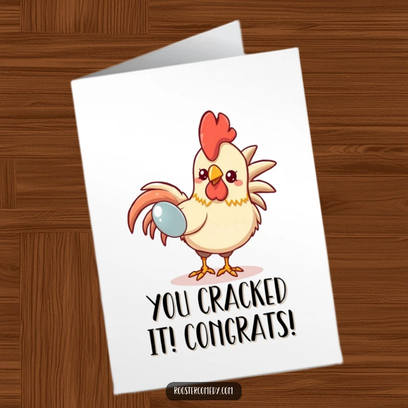 Funny Free Printable congratulations card: Kawaii rooster’s beak focused on a shiny treasure, conveying excited success and amusement.