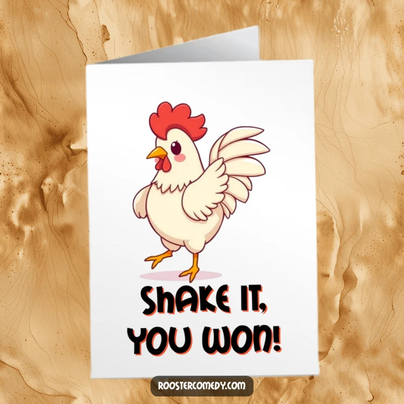 Funny Free Printable Congratulations Card: Kawaii rooster doing a comical dance with its wings, expressing pure celebration.