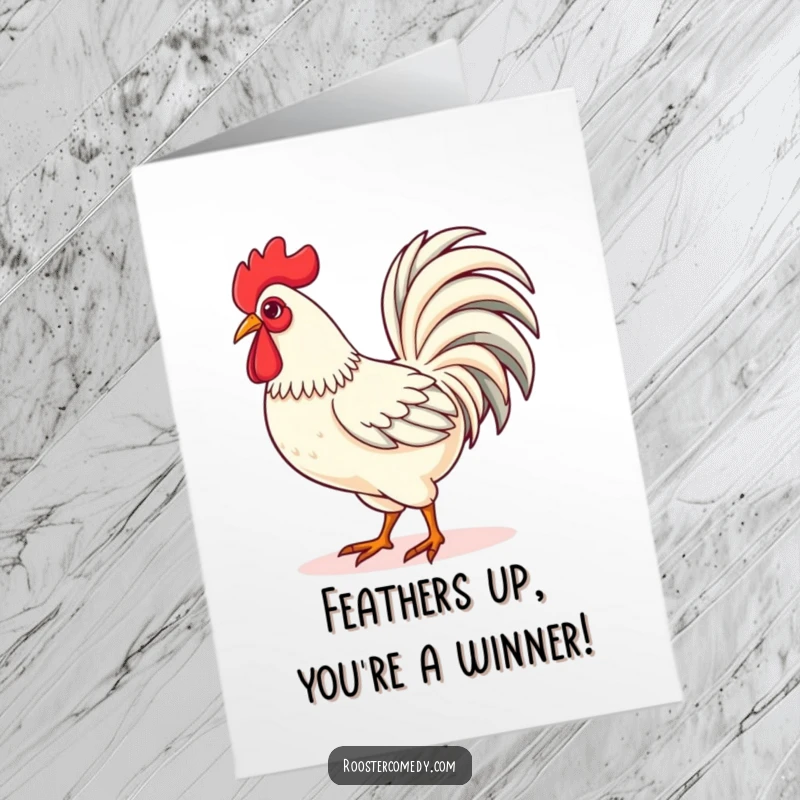 Funny Free Printable Congratulations Card: Majestic Kawaii rooster proudly displaying its fanned tail feathers, a symbol of victory.