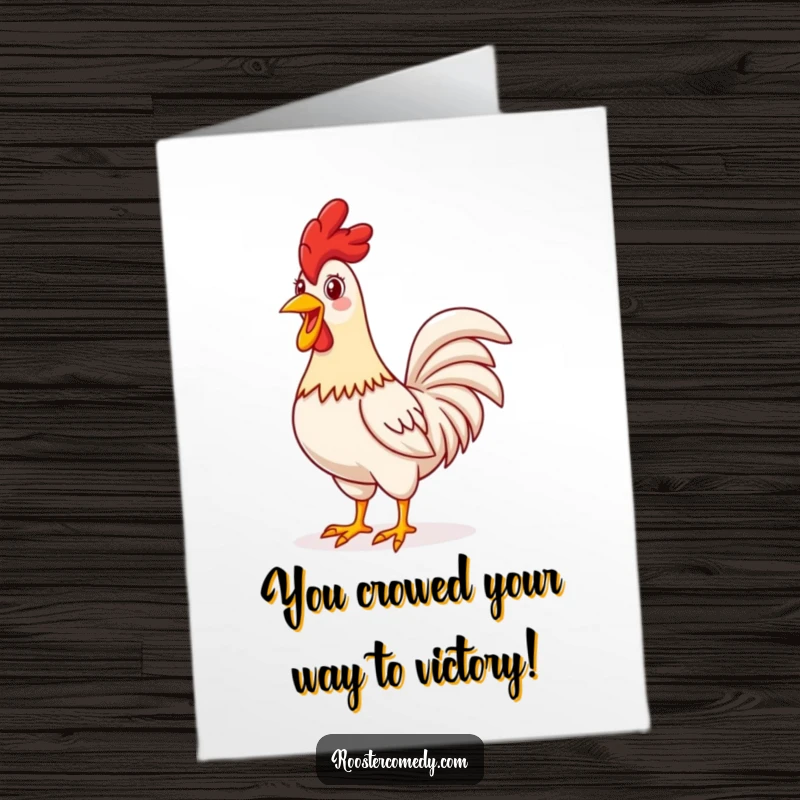Funny Free Printable Congrats Card: A proud rooster standing tall, crowing with a cheerful expression for a victory.