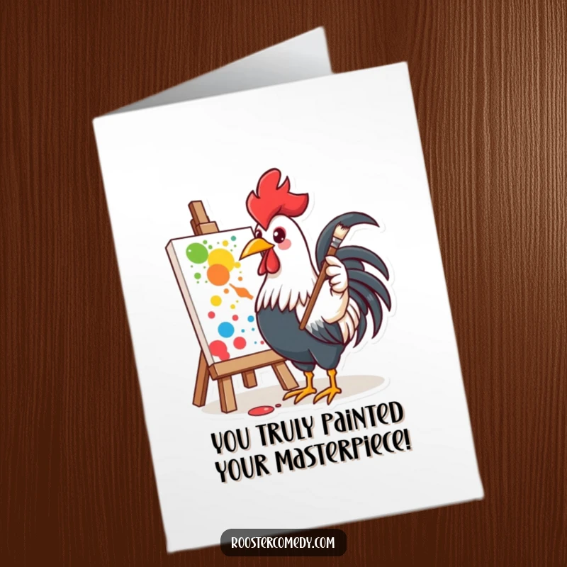 Funny free printable congratulations card: a rooster proudly splatters paint on a canvas, celebrating a colorful accomplishment.