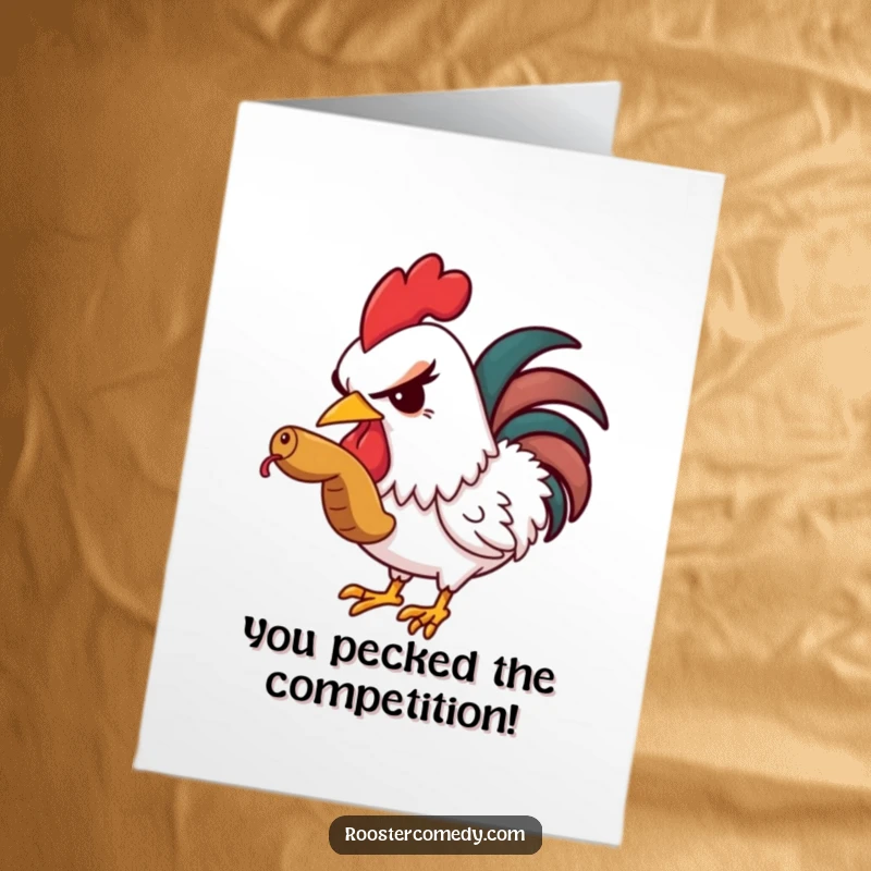 Funny free printable congratulations card: a rooster with a mischievous wink enjoys a stolen worm, celebrating a win.