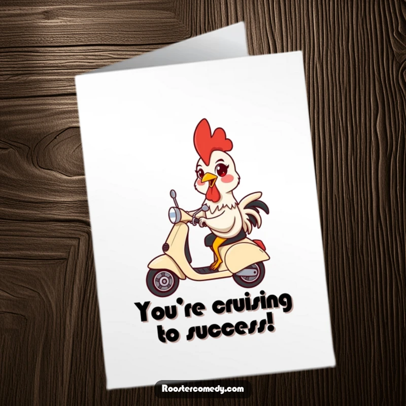Funny free printable congratulations card: a rooster with a silly face joyfully rides a scooter, celebrating a victory.
