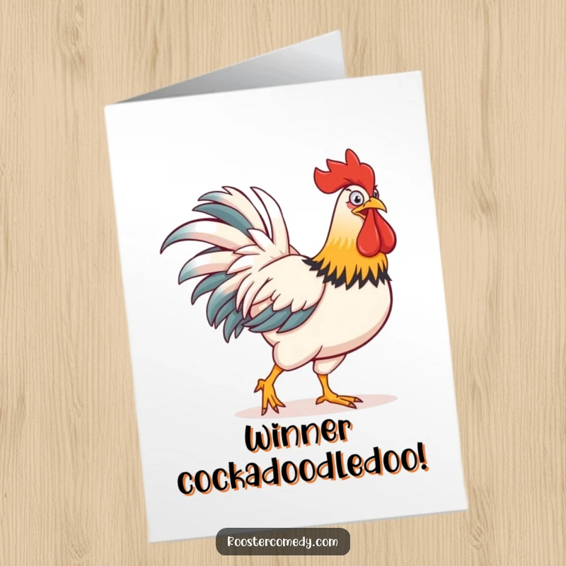 Funny Free Printable Congratulations Card: A magnificent rooster struts with immense pride, his comically large comb the ultimate symbol of his victorious achievement.