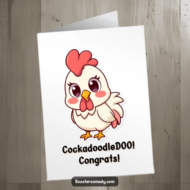Funny Free Printable Congratulations Card: Kawaii rooster with huge surprised eyes, reacting to great news.