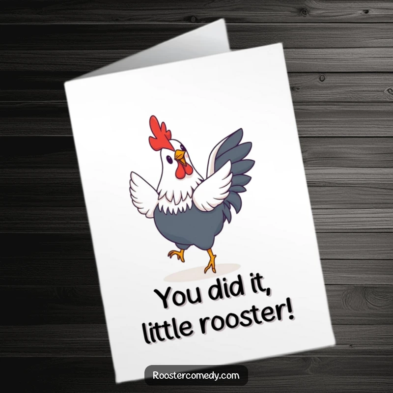 Funny Free Printable Congratulations Card: A small rooster with miniature wings doing a happy jig to celebrate success.