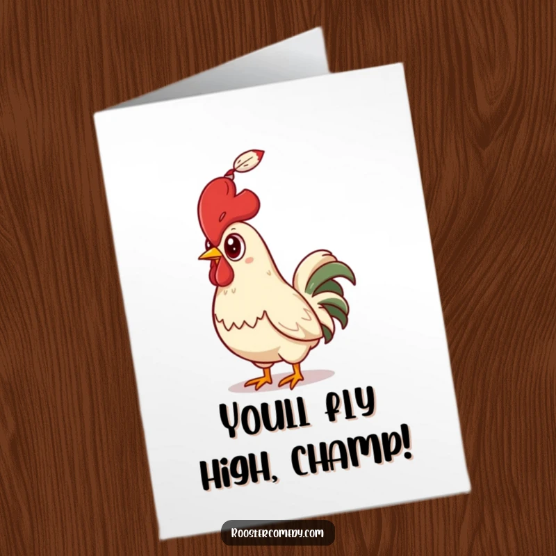 Funny Free Printable Congratulations Card: Shocked rooster stares wide-eyed at a single falling feather, making it unique.