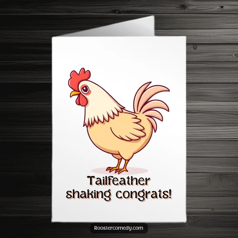 Free Printable Congratulations Card: A cute Kawaii rooster showing off its playful tail feather wag, a fun way to celebrate.