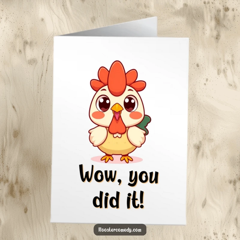 Free Printable Congratulations Card: A Kawaii rooster with comically wide, round eyes expressing surprise at a great success.