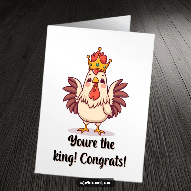 Funny Free Printable Congratulations Card: Proud rooster with a crown, crowing loudly to celebrate a major achievement.