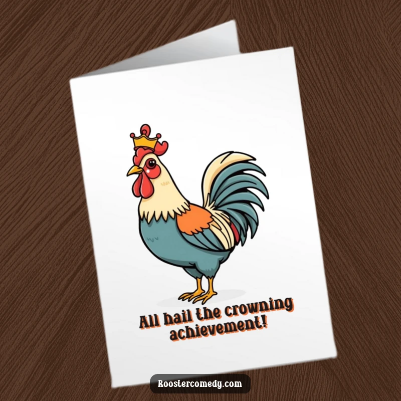 Funny Free Printable Congratulations Card: A majestic rooster adorned with a small crown, exuding pride and accomplishment.
