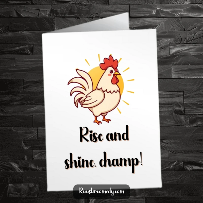 Funny Free Printable Congratulations Card showing a cute Kawaii rooster proudly crowing at a beautiful rising sun.