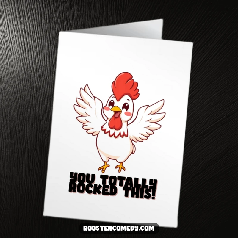 Funny Free Printable Congratulations Card showing a Kawaii rooster flapping its wings with immense energetic glee.