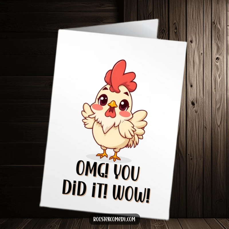 Funny Free Printable Congratulations Card: Rooster with wide, surprised eyes and ruffled feathers, reacting to amazing news.