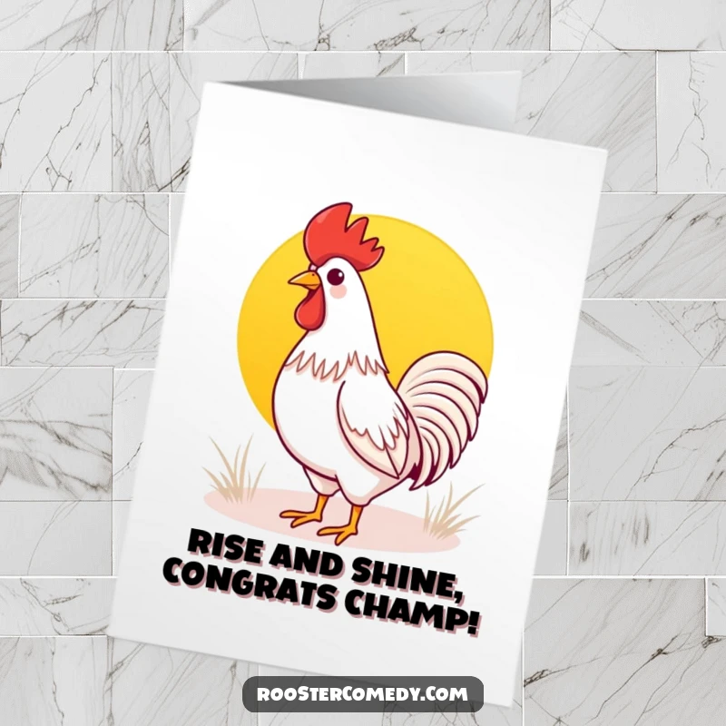 Funny Free Printable Congratulations Card: Adorable Kawaii rooster greeting the dawn with a cheerful crow.