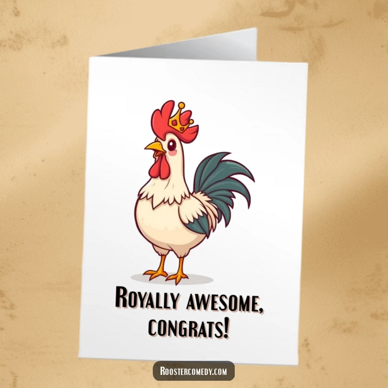 Funny free printable congratulations card of a rooster wearing a tiny crown, strutting forward with immense pride.