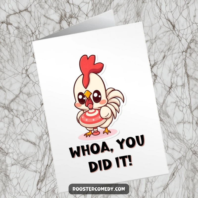 Funny Free Printable Congratulations Card: Kawaii rooster mesmerized by a spinning top, its wide eyes reflecting excitement.