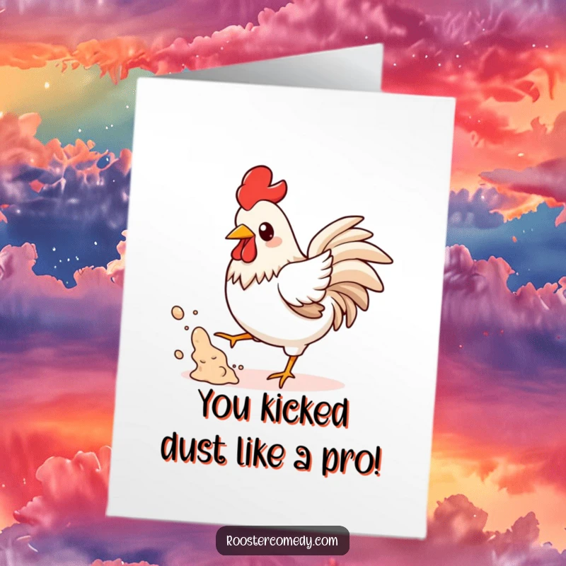 Funny Free Printable Congrats Card: Energetic kawaii rooster kicking up dust with playful abandon, a downloadable card for joyous occasions.