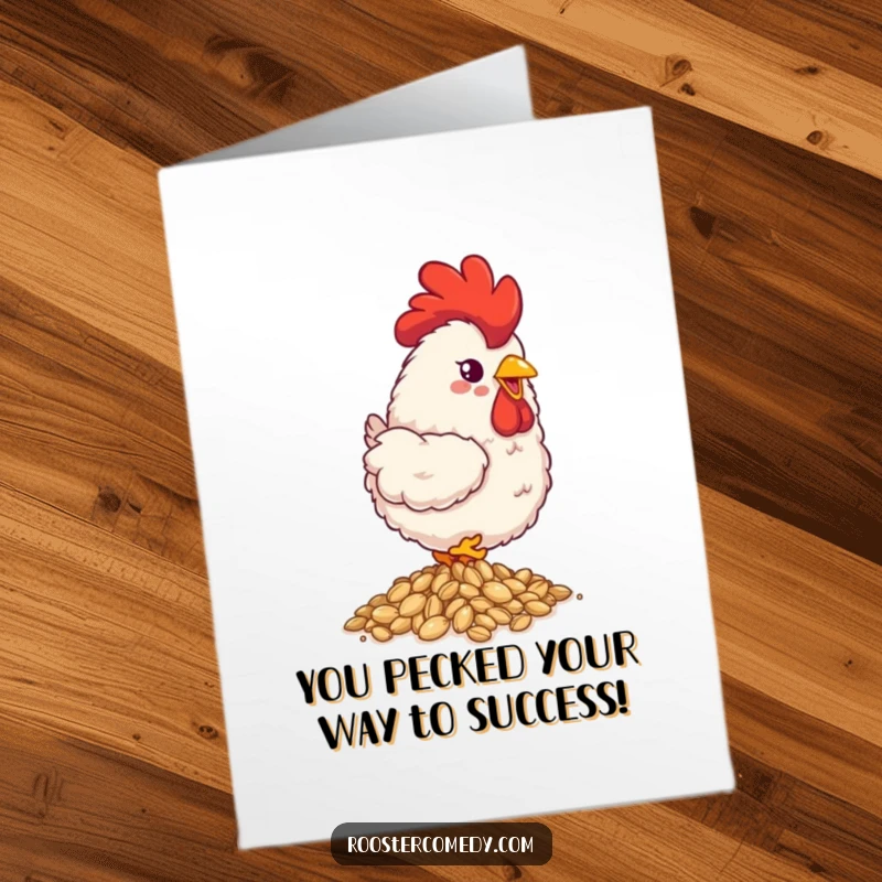 Funny Free Printable Congrats Card: A fluffy rooster happily pecking at shiny seeds, celebrating a lucky find.
