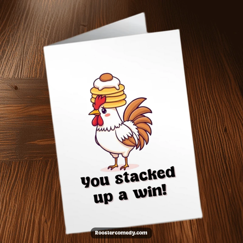 Funny Free Printable Congratulations Card showing a rooster balancing a large stack of pancakes on its head.