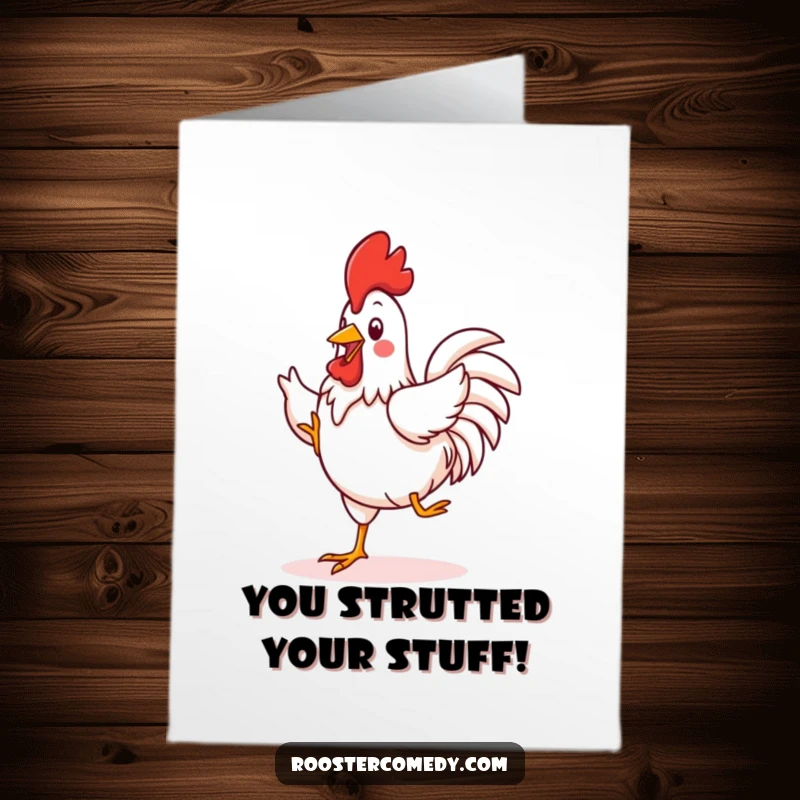 Funny Free Printable congratulations card: A kawaii rooster performing a comical, energetic jig with its feet, expressing pure delight and achievement.