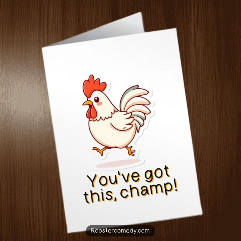 Funny Free Printable Congratulations Card: Kawaii rooster mid-hop, exuding celebratory energy and excitement for an achievement.