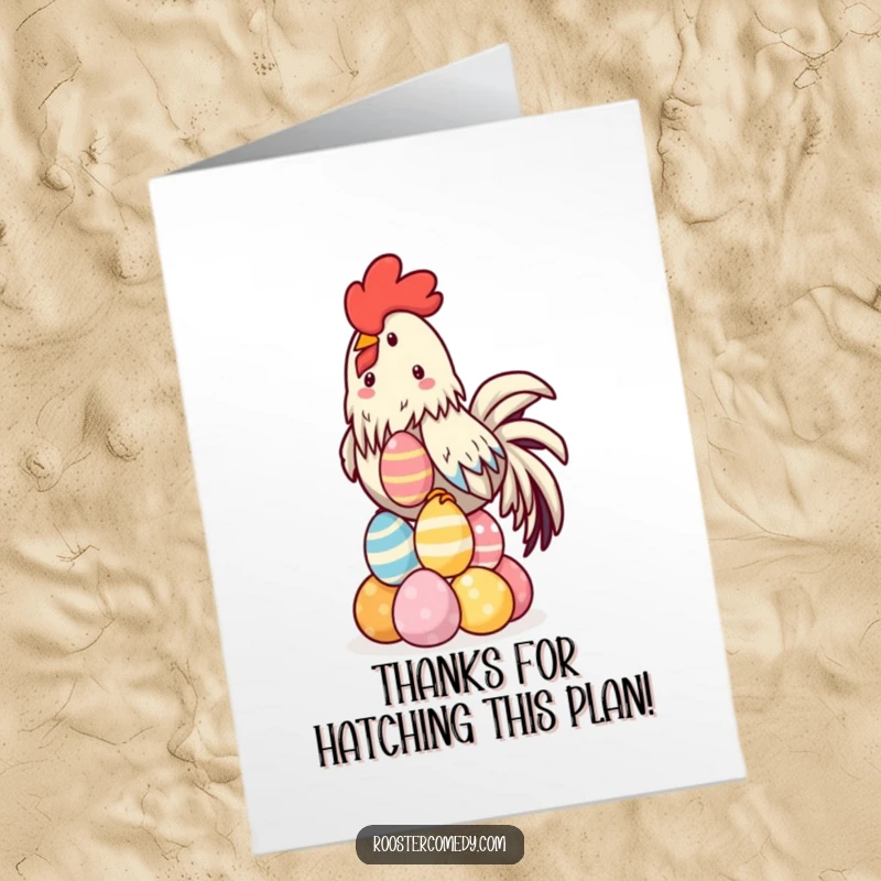 Funny Free Printable Thank You Card: Kawaii rooster beaming while balancing a vibrant stack of eggs, saying thank you.