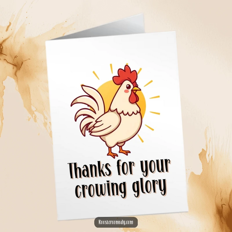 Funny Free Printable Thank You Card featuring a cute Kawaii rooster crowing at a bright rising sun.