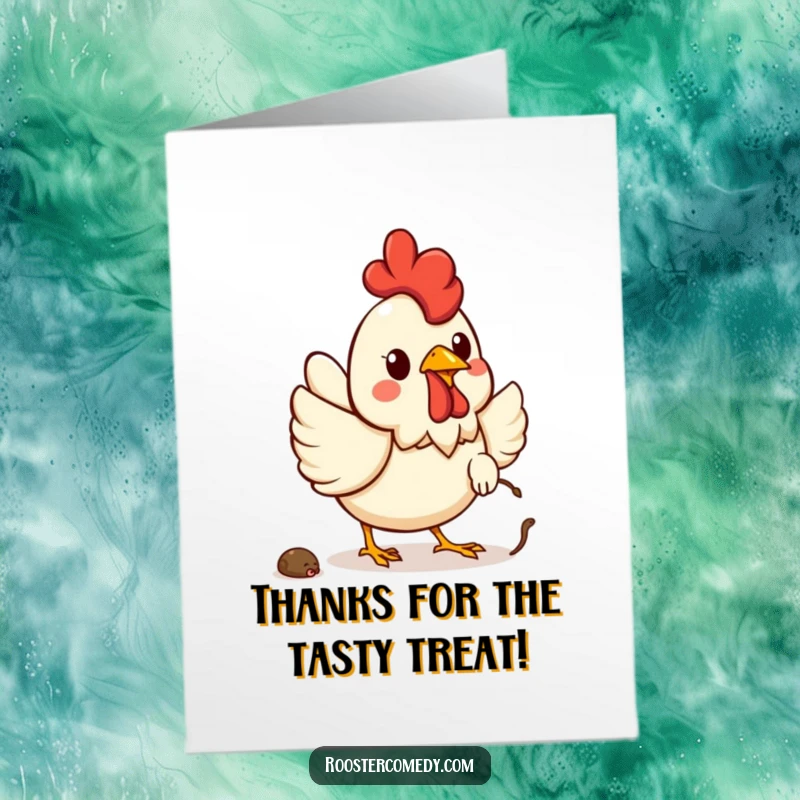 Funny Free Printable Thank You Card: A Kawaii rooster excitedly chasing a worm, a cute way to say thanks.