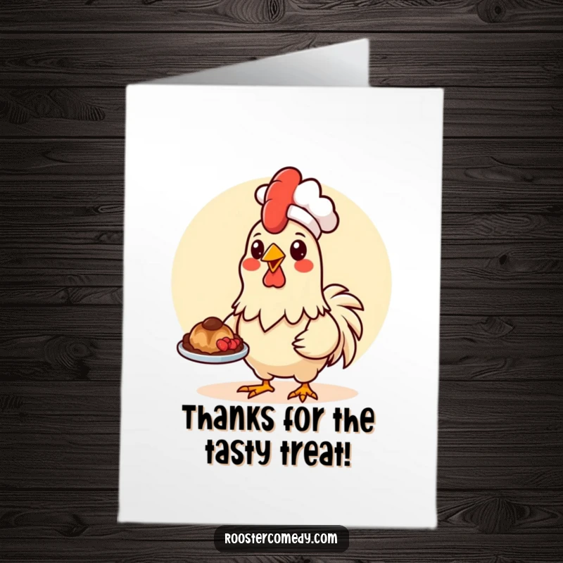 Funny Free Printable Thank You Card: Kawaii rooster chef presenting a dish, offering thanks with style.
