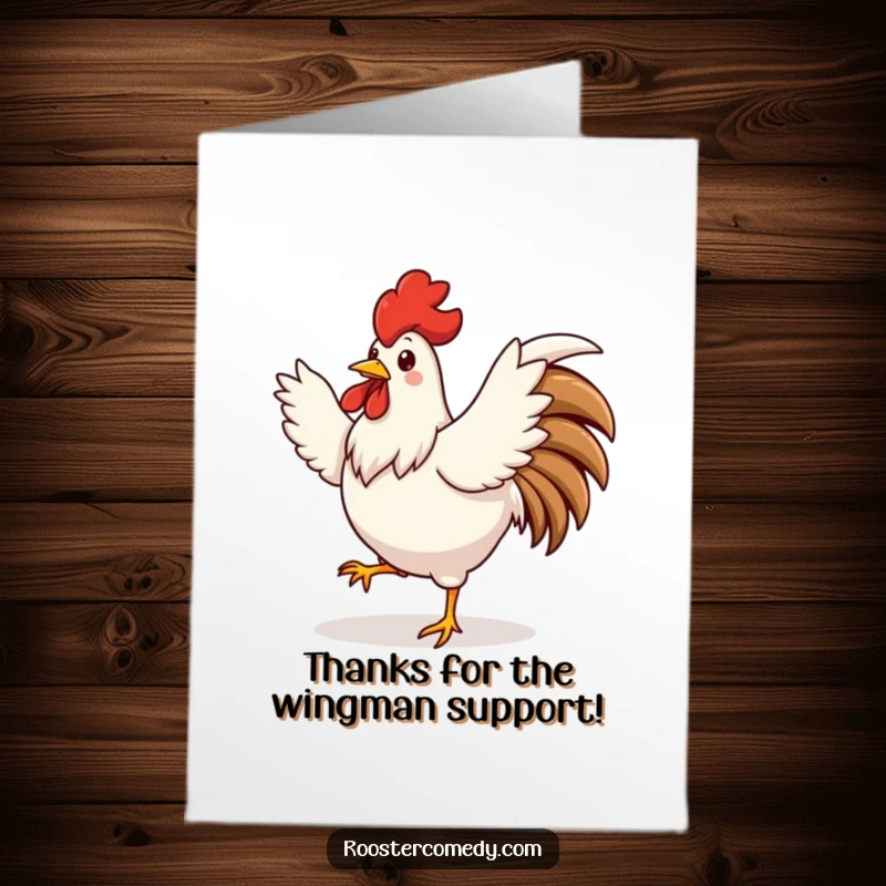 Funny Free Printable Thank You Card: A cute rooster doing a silly dance with wings spread wide, expressing thanks.