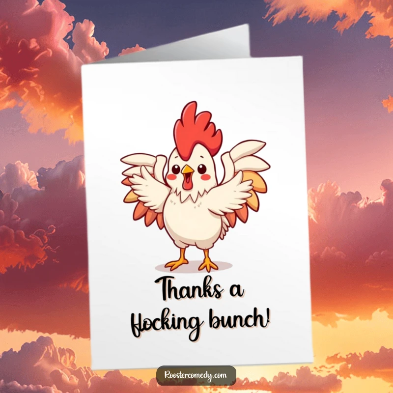 Funny Free Printable Thank You Card: A happy kawaii rooster performs a dance with outstretched wings, showing thanks.
