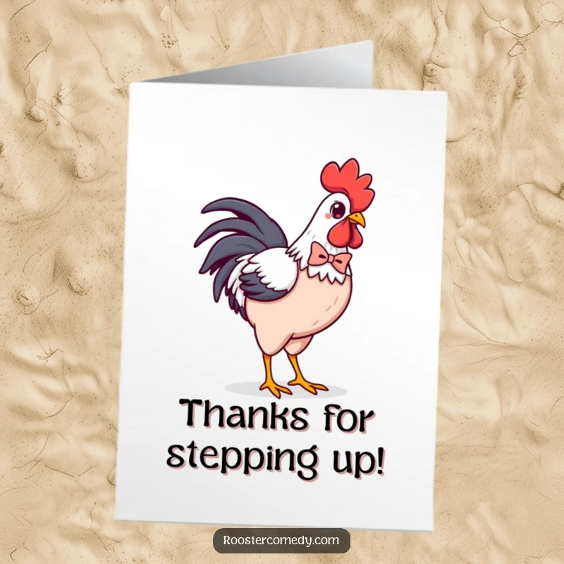Funny Free Printable Thank You Card: Confident Kawaii Rooster wearing a tiny bowtie, strutting elegantly, a stylish downloadable gift.