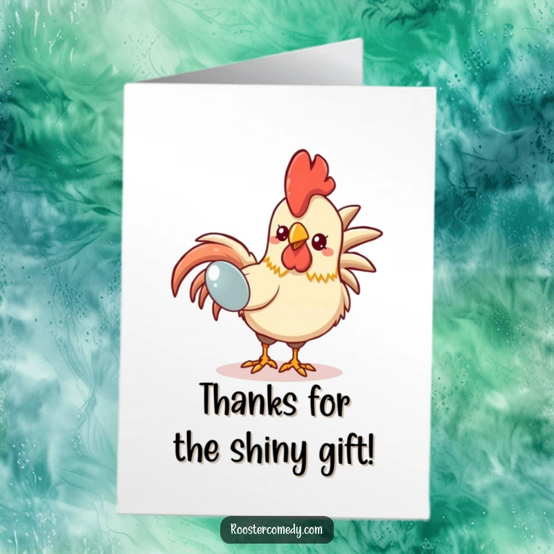 Funny Free Printable thank you card: Kawaii rooster discovered a gleaming prize, offering thanks with a comical, treasure-focused gaze.