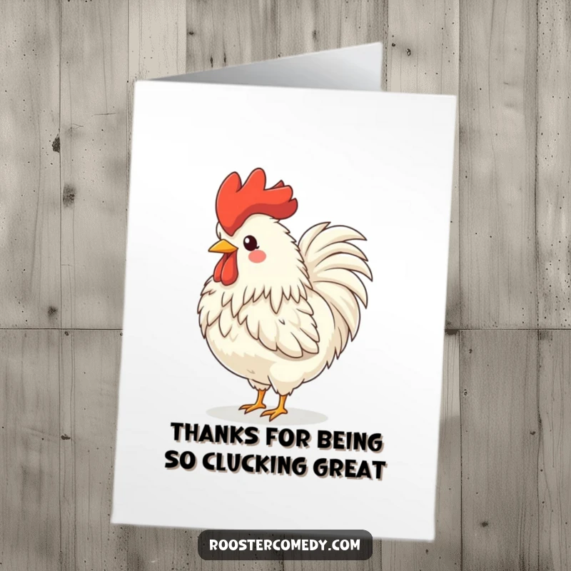 Funny free printable thank you card of a fluffy rooster joyfully crowing with its head thrown back in happiness.