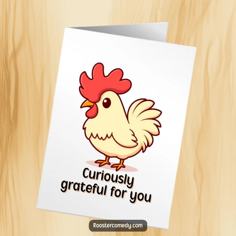 Funny Free Printable Thank You Card: Kawaii rooster with its comb tilted, conveying a sense of thoughtful curiosity.