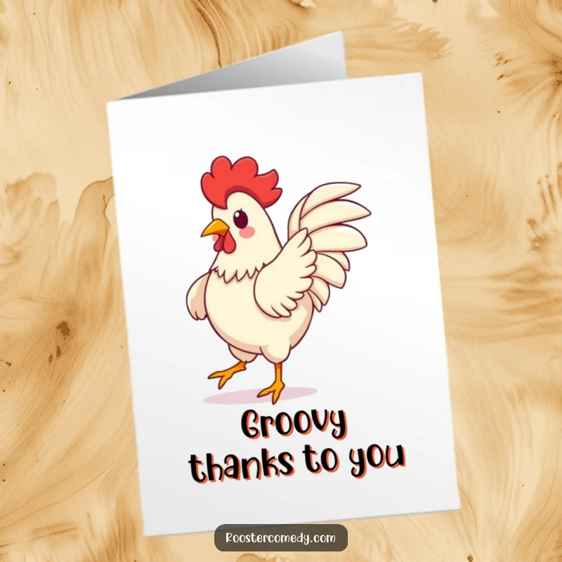 Funny Free Printable Thank You Card: Kawaii rooster in a quirky dance pose, wings flapping with happy energy.