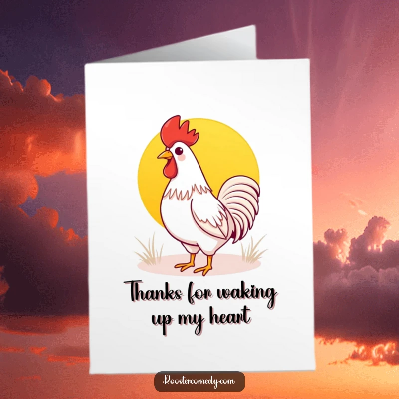 Funny Free Printable Thank You Card: Cute Kawaii rooster welcoming the sunrise, a cheerful way to say thanks.
