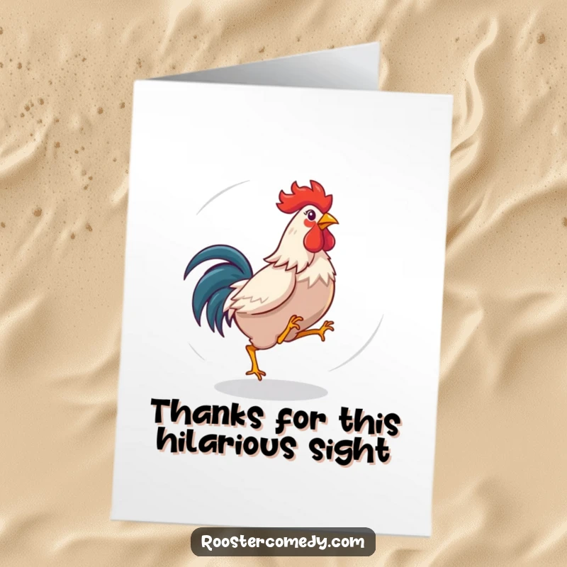 Funny Free Printable Thank You Card: A rooster comically chasing its tail, looking giddy as it expresses thanks.