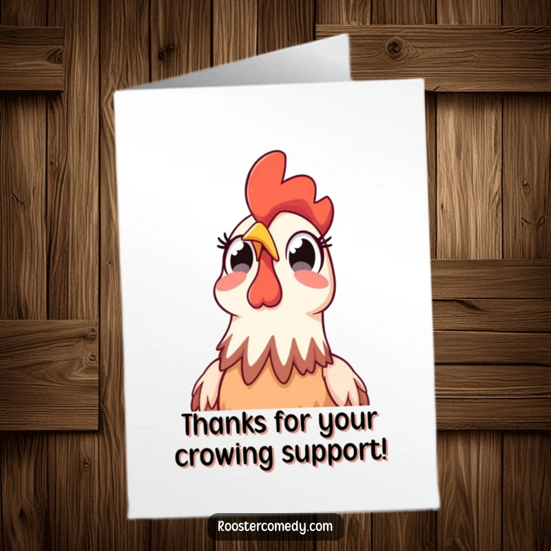 Funny Free Printable Thank You Card: A rooster’s wide eyes are fixed on the sky, conveying utter surprise and appreciation.