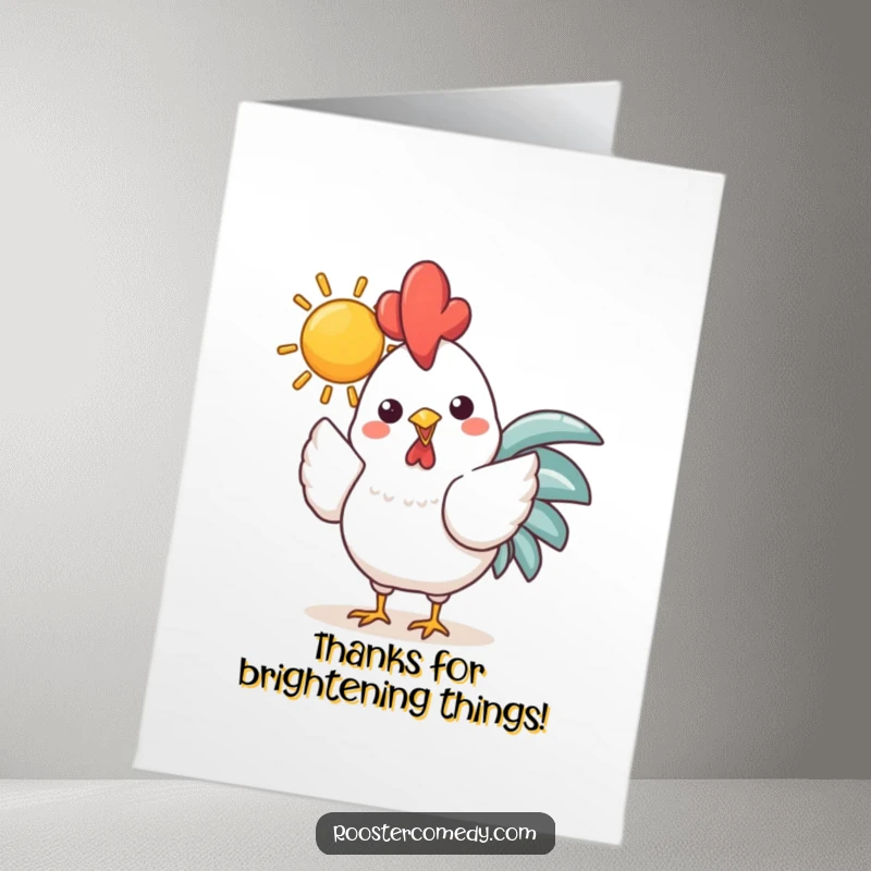 Funny Free Printable Thank You Card: Cheerful Kawaii Rooster holding a radiant sun, conveying warmth, a luminous downloadable gift.