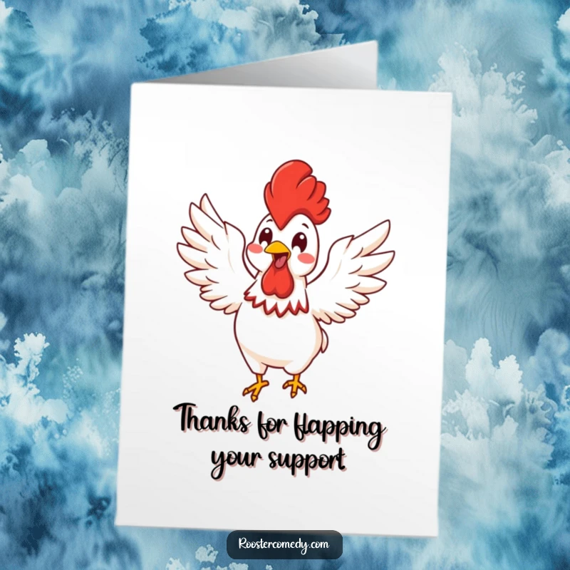 Funny Free Printable Thank You Card featuring a Kawaii rooster energetically flapping its wings with glee.